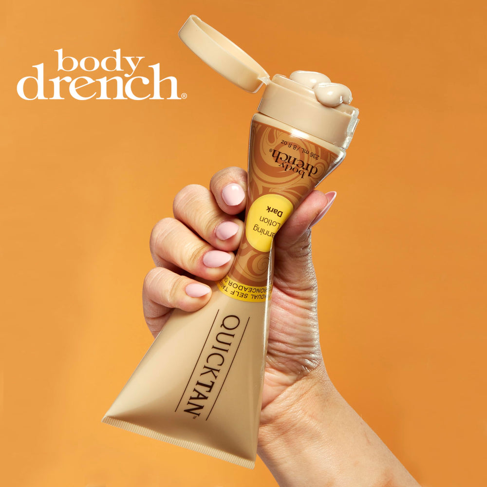Body Drench Quick Tan product packaging highlights vegan, cruelty-free clean formula