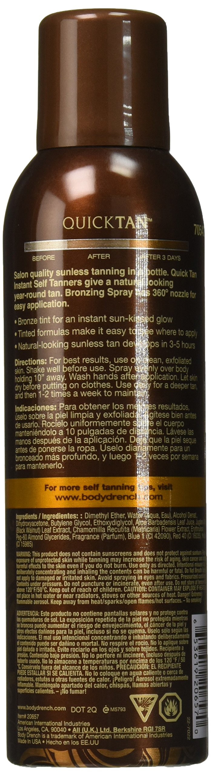 Body Drench Quick Tan spray in hand demonstrates easy, streak-free sunless tanning.