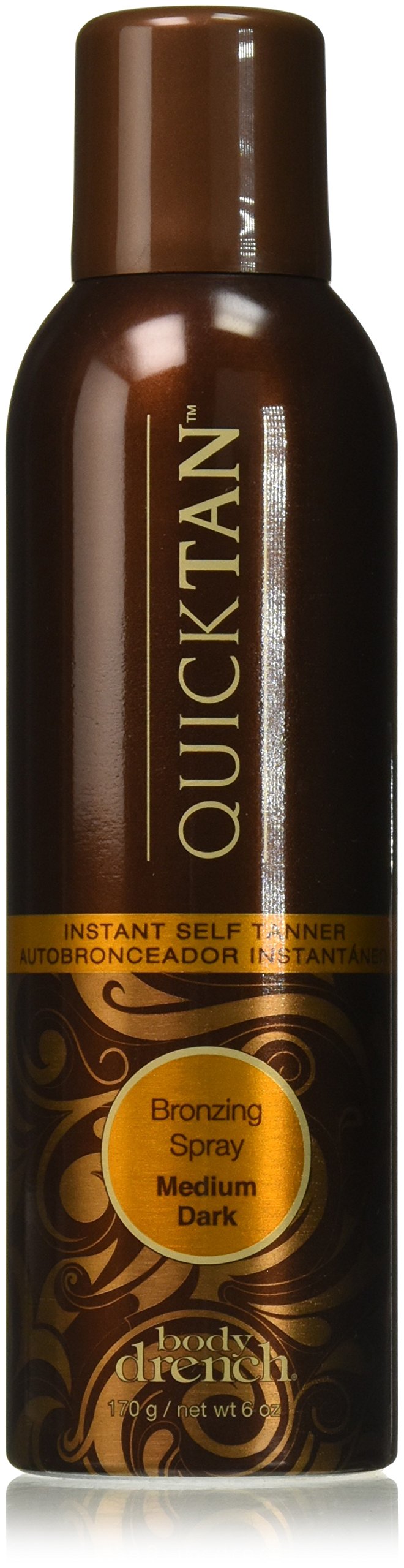 Body Drench Quick Tan spray bottle close-up showing bronzed tint for even application.