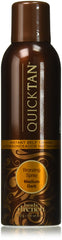 Body Drench Quick Tan spray bottle close-up showing bronzed tint for even application.