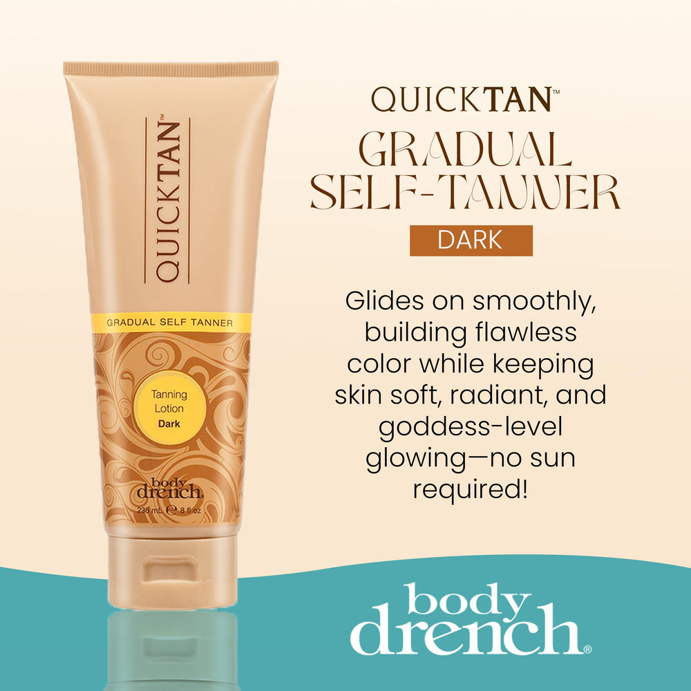 Body Drench Quick Tan swatch on skin illustrates buildable glow and even color