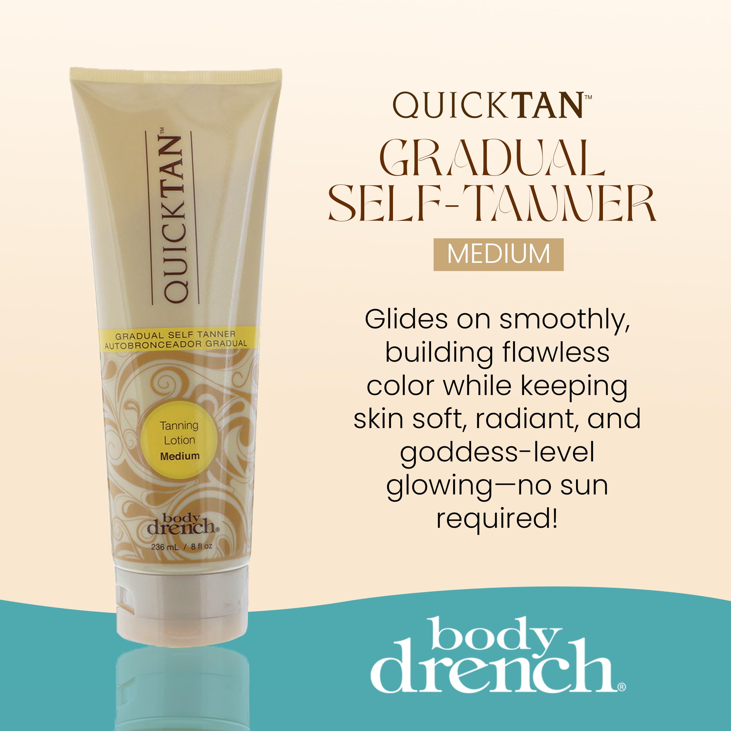 Body Drench Quick Tan texture swirl shows creamy consistency for easy spread and even coverage.