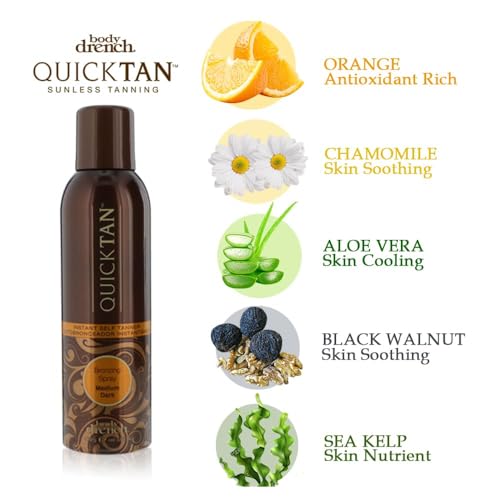 Body Drench QuickTan spray on arm for even bronze tone