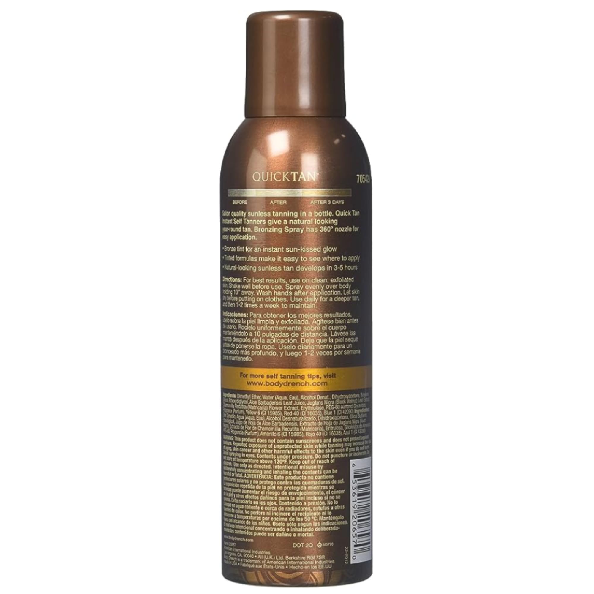 Body Drench Quicktan spray bottle used for even coverage.