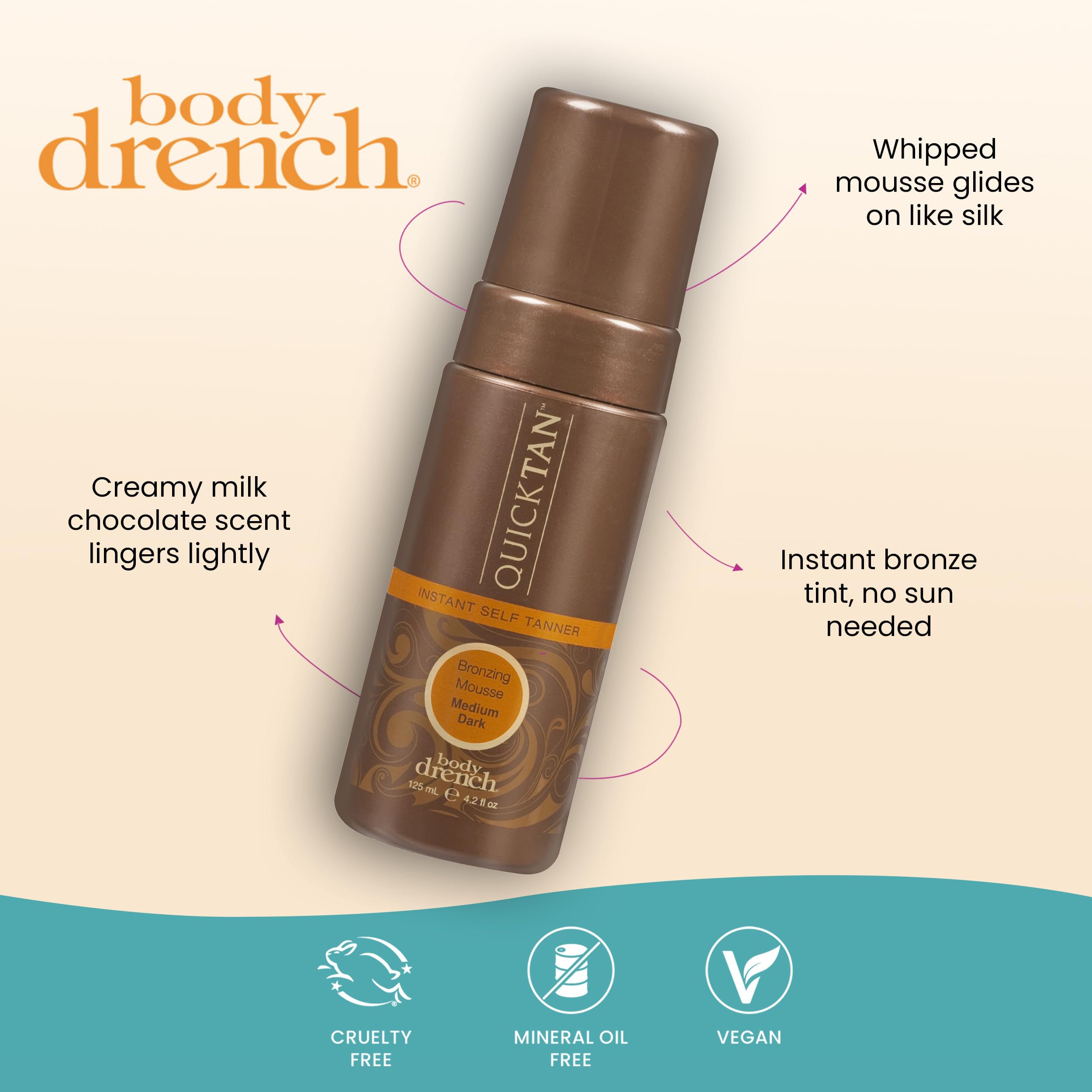 Body Drench QuickTan glow close-up highlighting natural-looking bronze on skin.