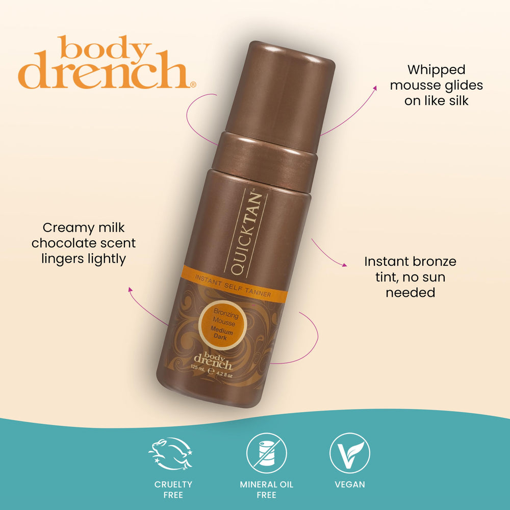 Body Drench QuickTan glow close-up highlighting natural-looking bronze on skin.