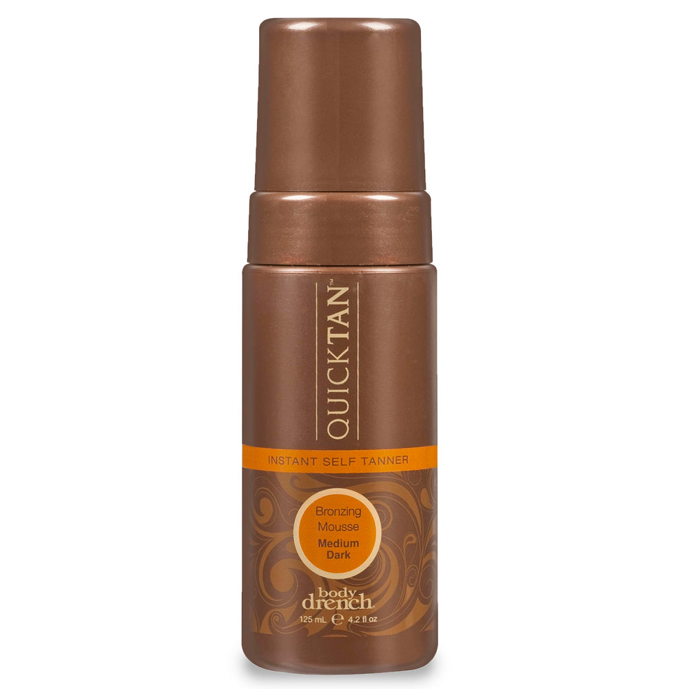 Body Drench QuickTan mousse packaging shows lightweight, vegan tan solution for easy at-home tanning.