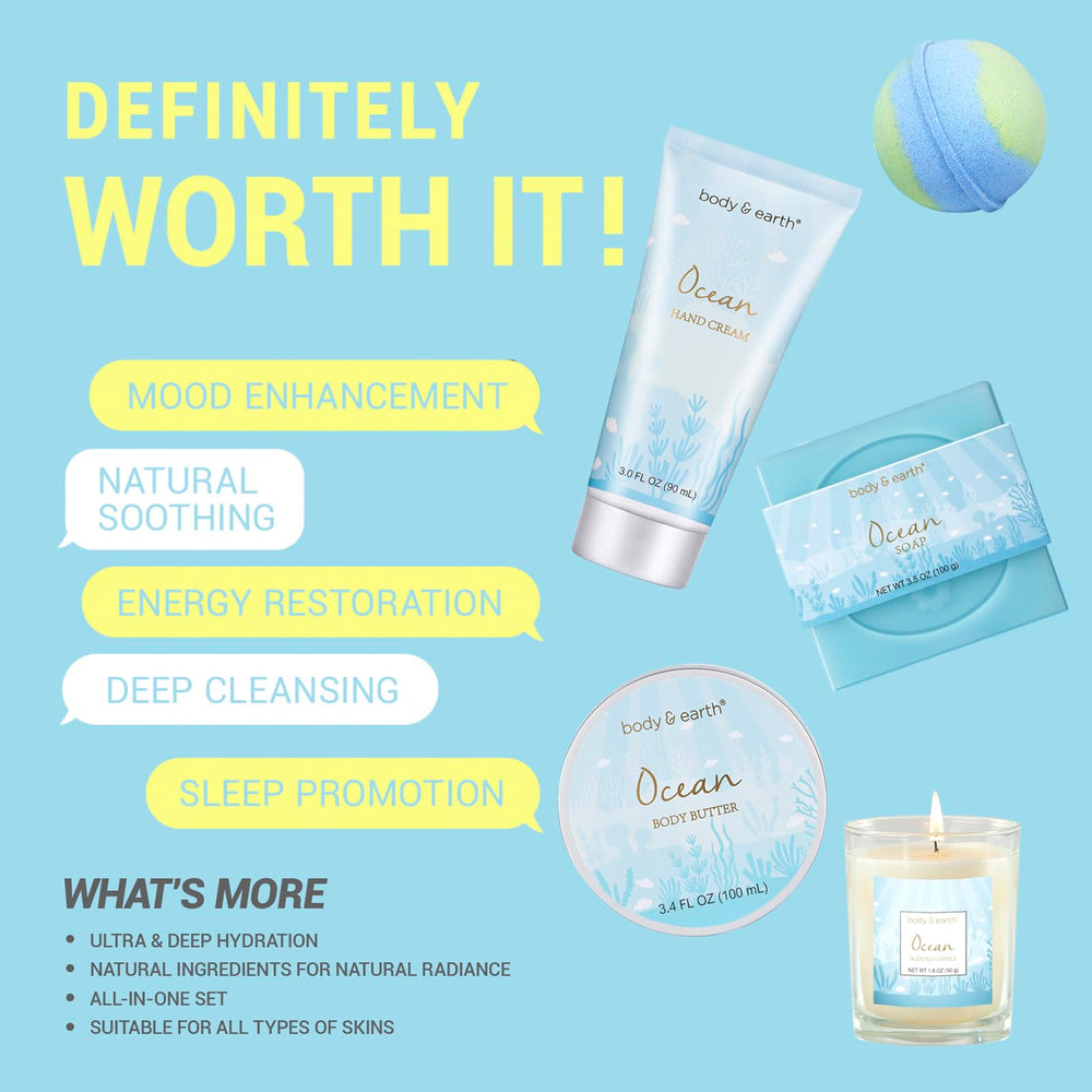 BODY & EARTH five-piece spa gift set packaging close-up, sturdy and reusable storage