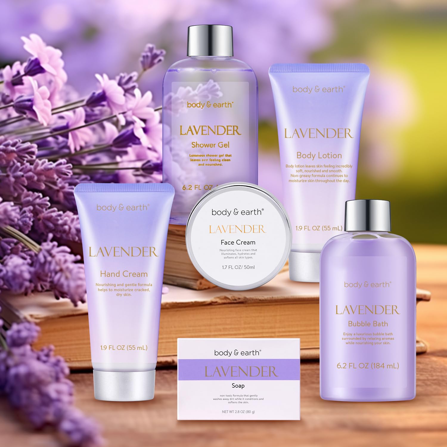 Body & Earth 6-piece bath gift set opened to reveal products for at home spa.
