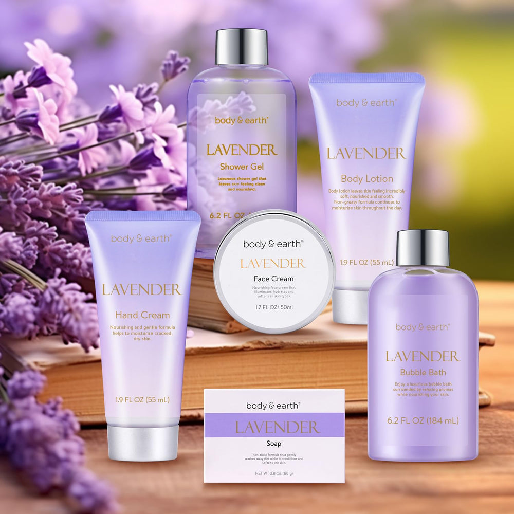 Body & Earth 6-piece bath gift set opened to reveal products for at home spa.
