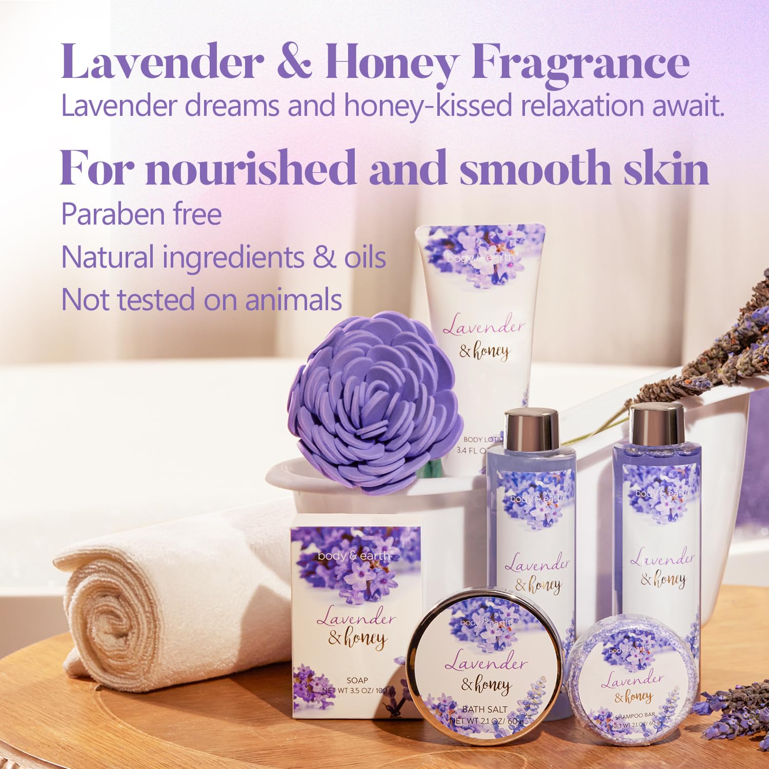 Body & Earth Lavender Honey bath salt for a relaxing, skin nourishing soak.