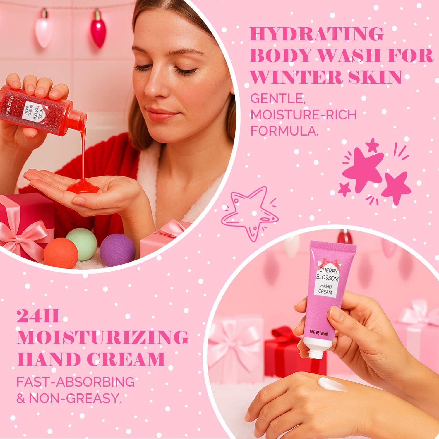 Body & Earth bubble bath and soap display delivers gentle cleansing and spa-like foam.