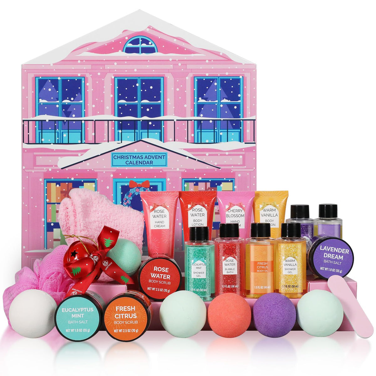 Body & Earth Christmas Advent Calendar pink box showcases daily treats for gifting and self-care.