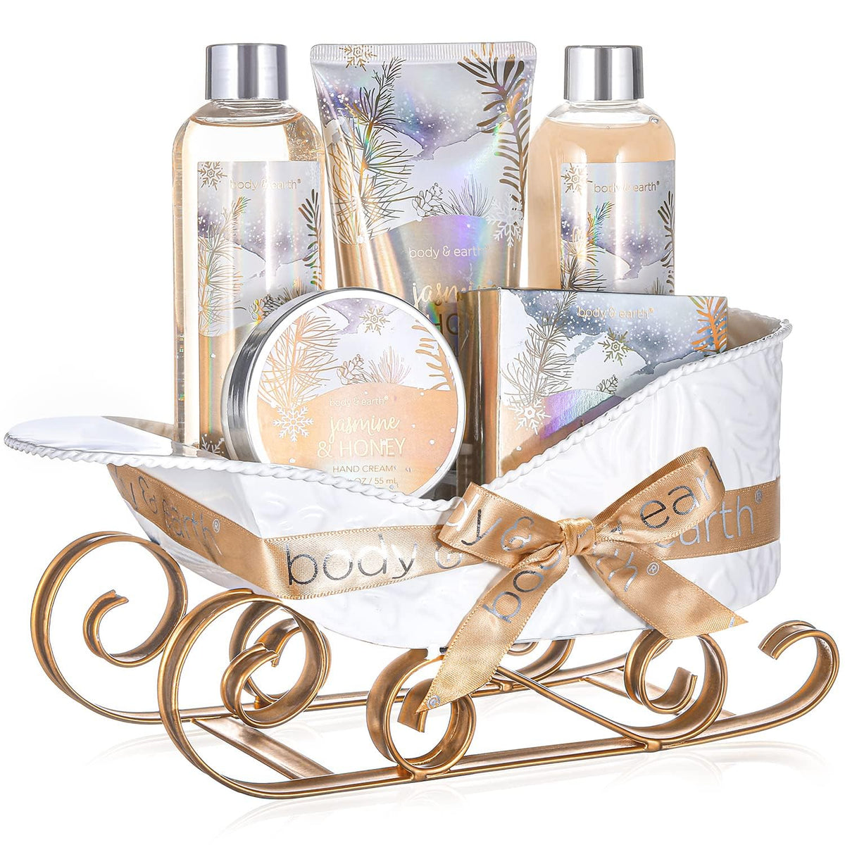 Body & Earth Jasmine & Honey bubble bath gift set in relaxing bath time scene