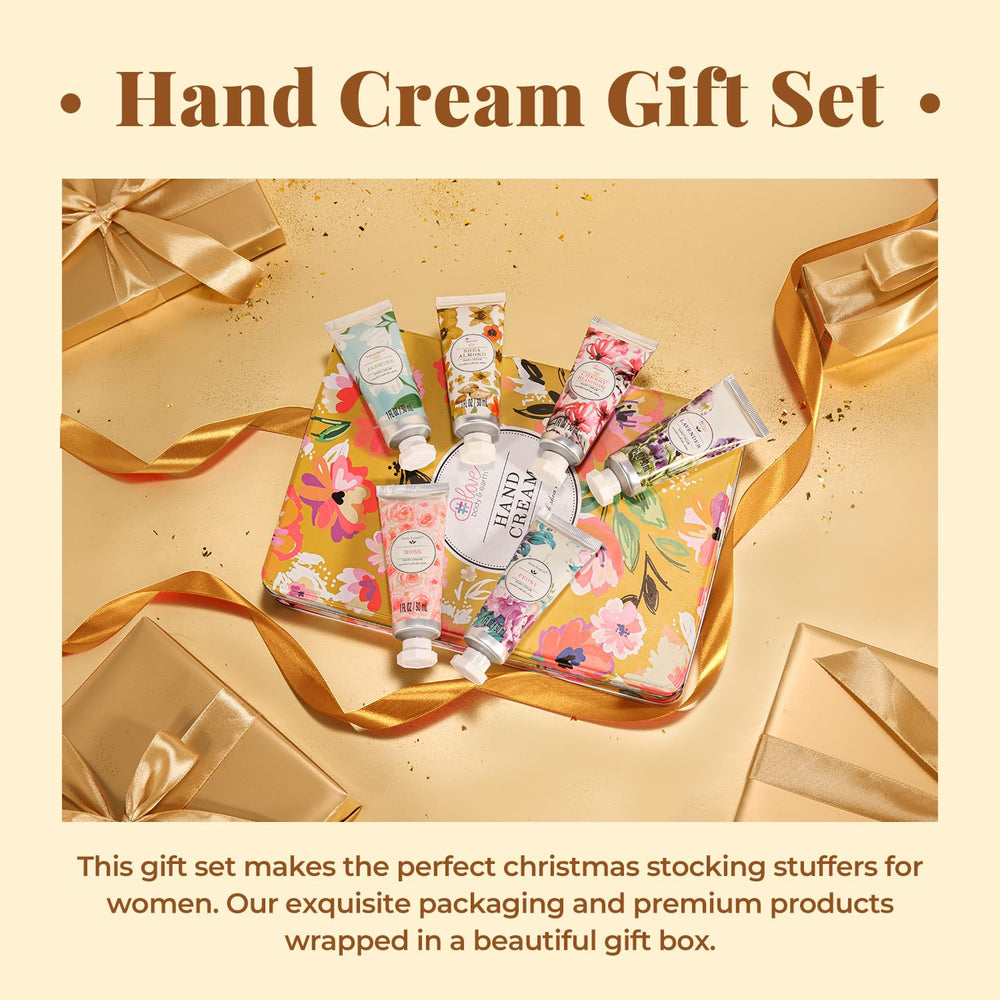BODY & EARTH Hand Cream collection bottles show six fragrances for mood-based choices.
