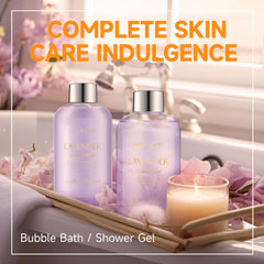 Body & Earth lavender bubble bath bottle releasing relaxing lavender aroma.