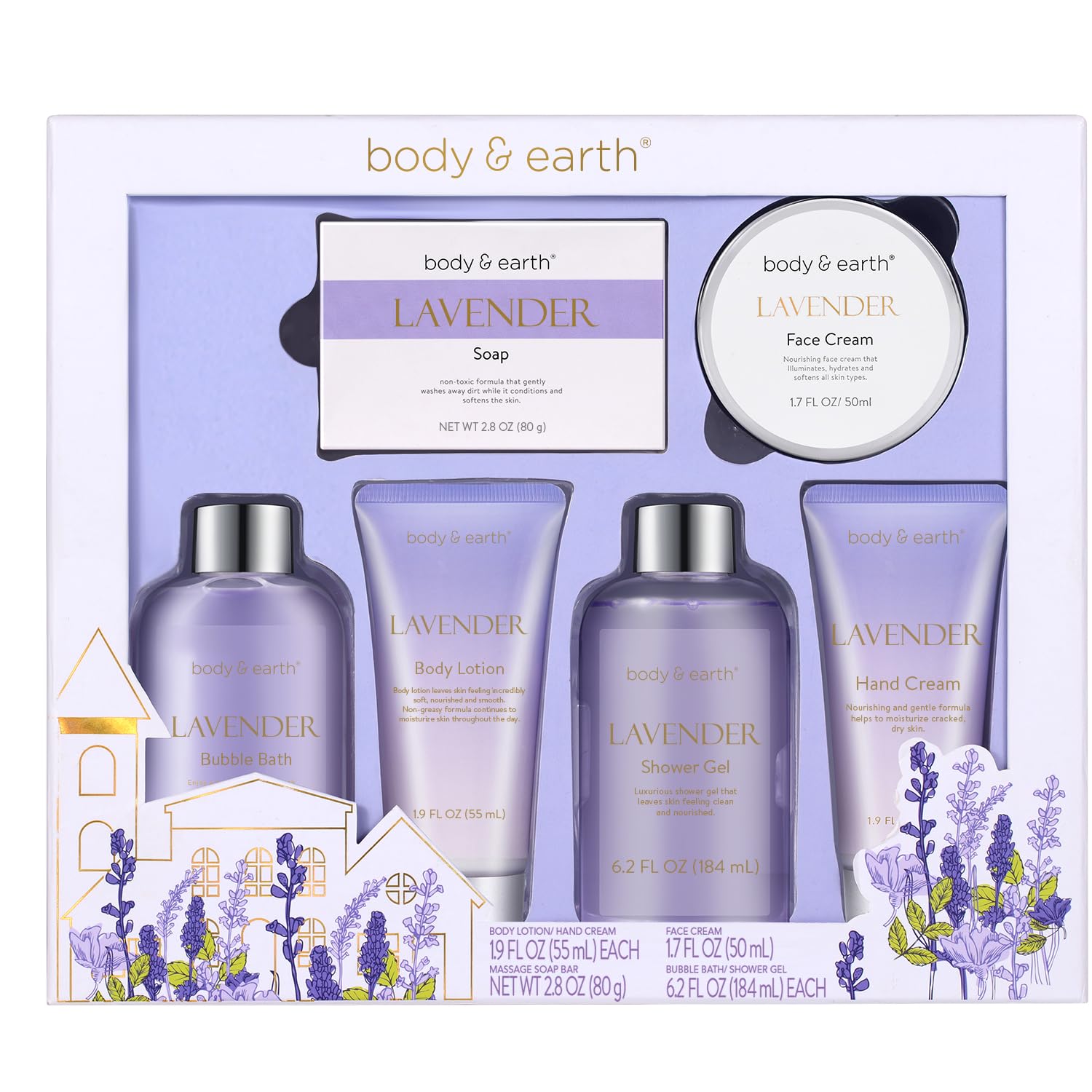 Body & Earth lavender spa gift box with purple ribbon for relaxation and gifting.