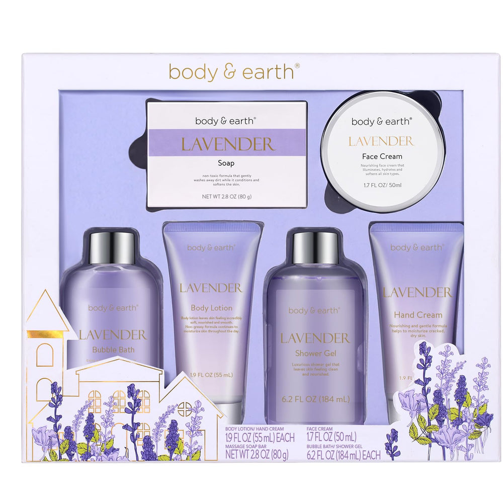 Body & Earth lavender spa gift box with purple ribbon for relaxation and gifting.
