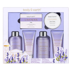 Body & Earth lavender spa gift box with purple ribbon for relaxation and gifting.