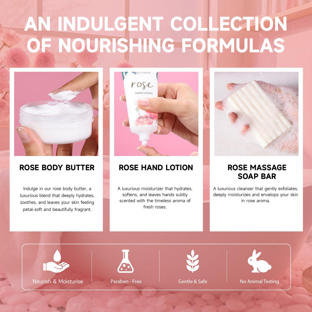 Body & Earth Rose Spa Gift Set packaging highlights rose fragrance for relaxation.