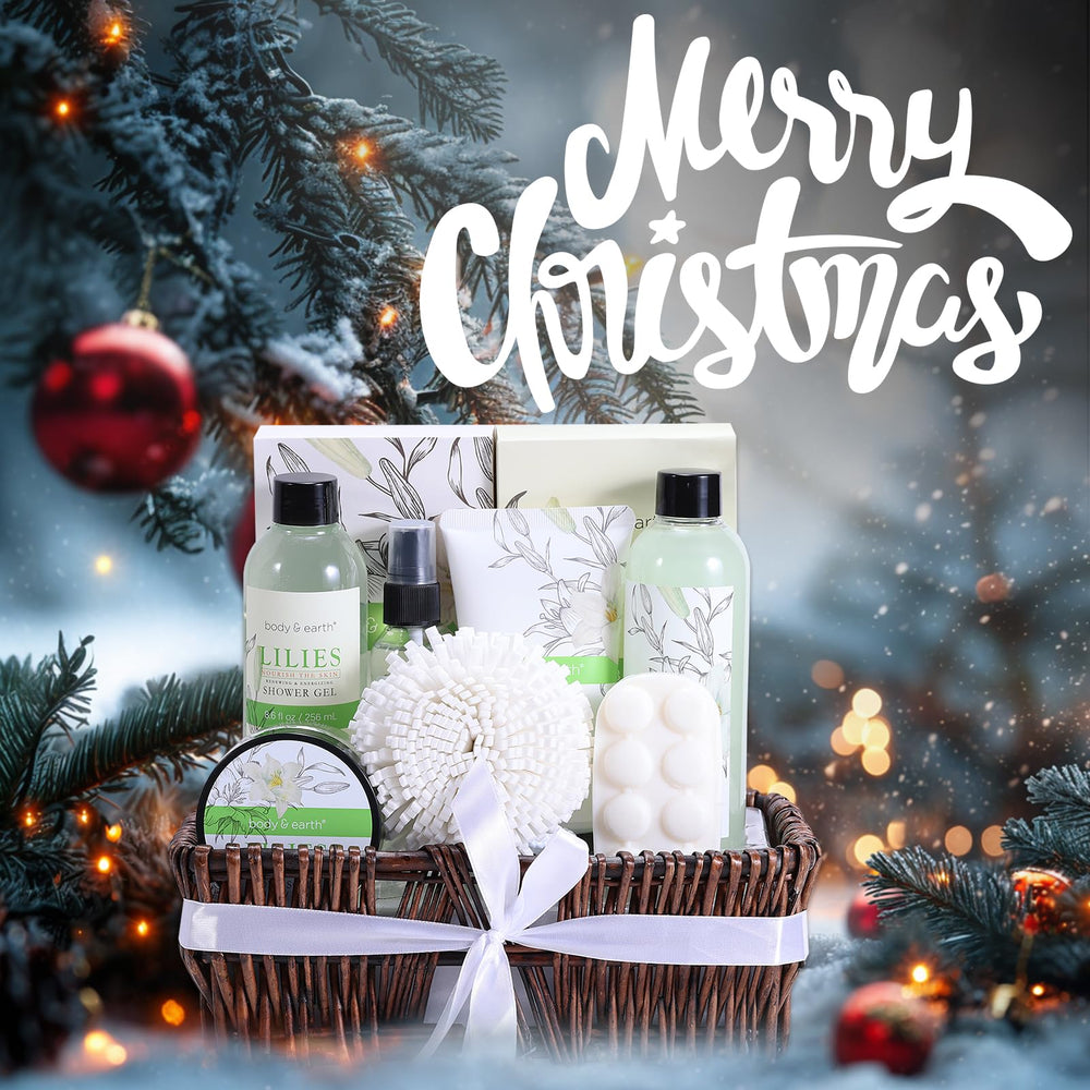 BODY & EARTH spa gift basket—bubble bath focus, luxurious foam for a relaxing soak.