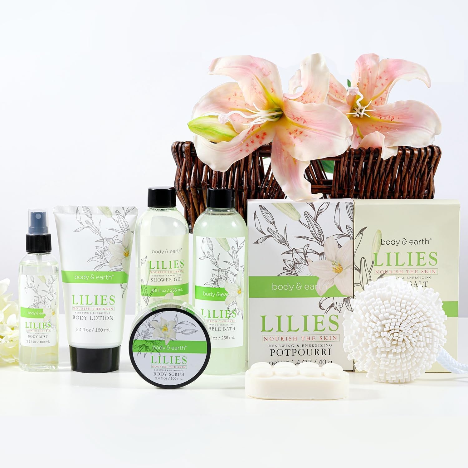 BODY & EARTH spa gift basket—packaging focus, elegant gift presentation for holidays.