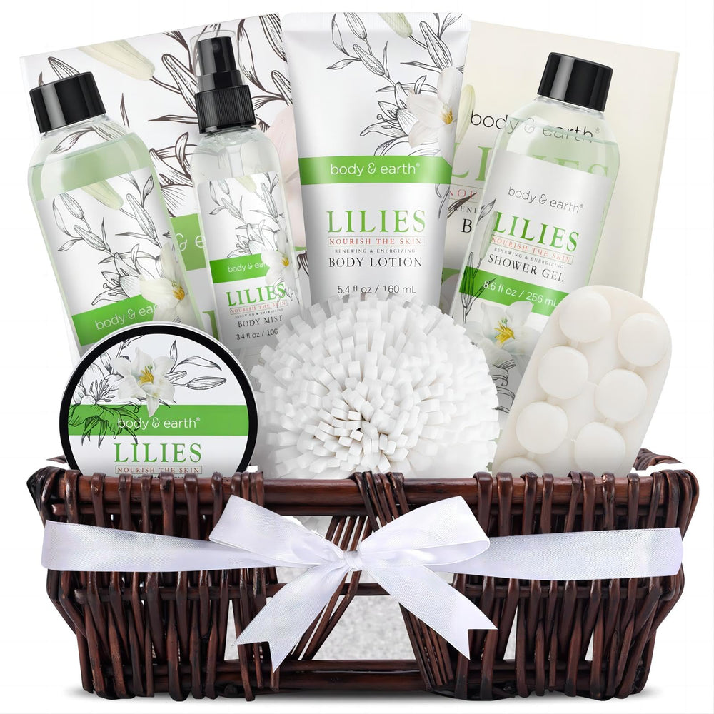 BODY & EARTH spa gift basket—shower gel focus, refreshing cleanse with skin-softening moisture.