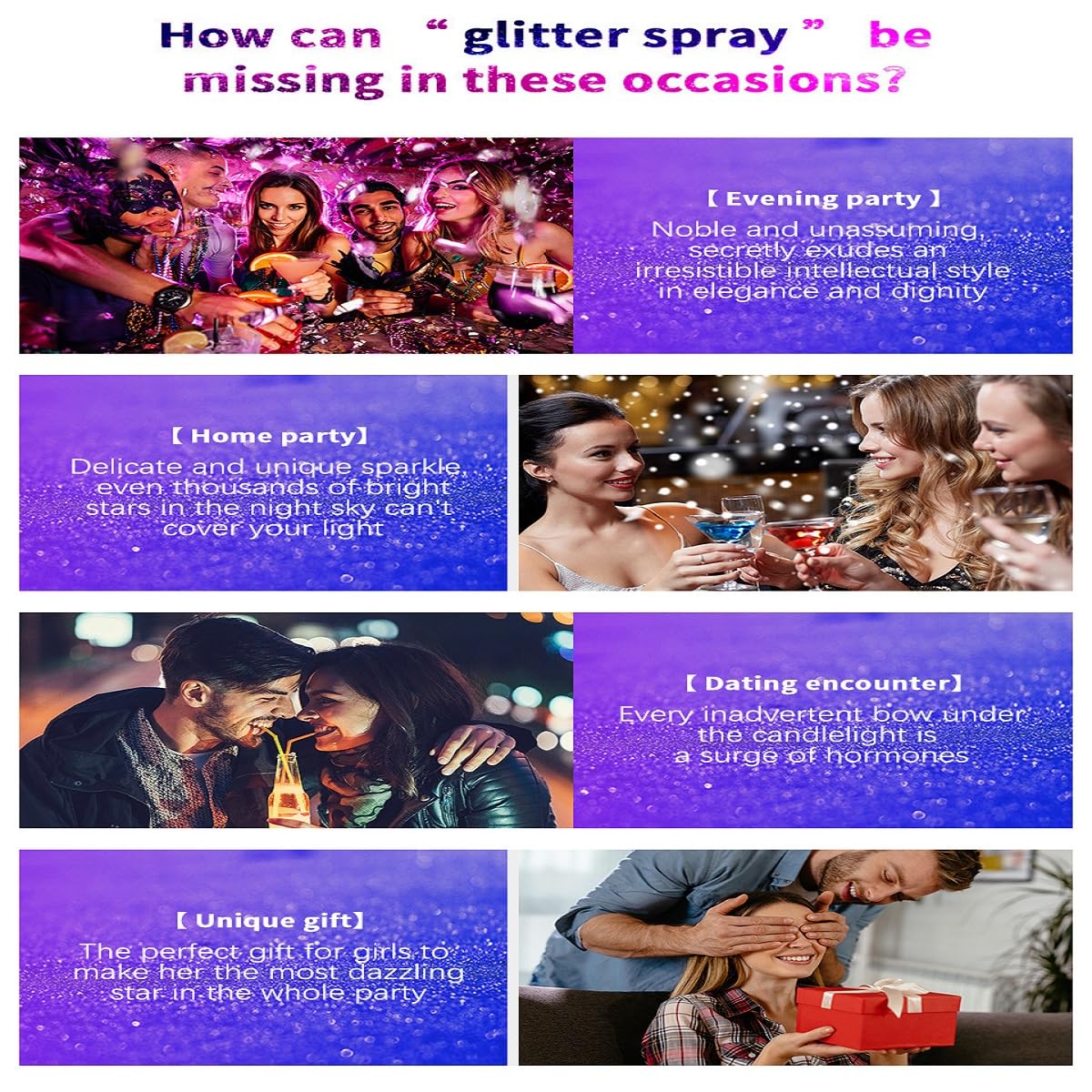 Body Glitter Spray catches light under club lighting for radiant looks.