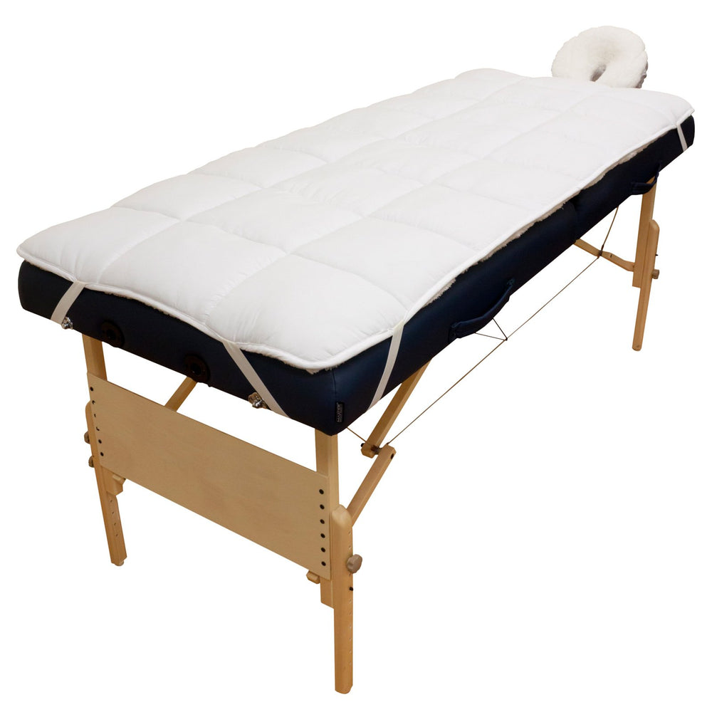 Body Linen Abundance Deluxe table pad corner elastic edges ensure quick, secure fit.