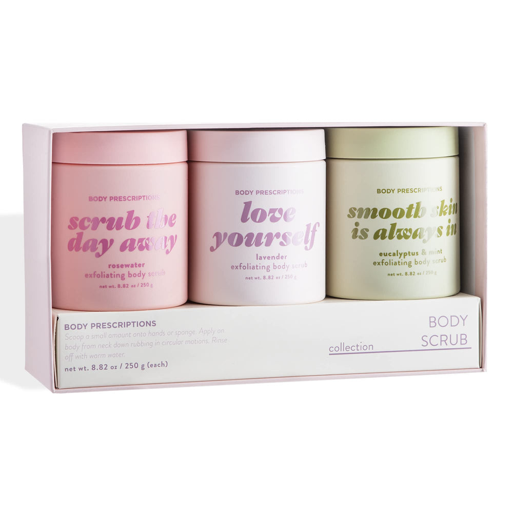 Body Prescriptions Exfoliating Scrub Lavender Jar showcases brightening glow and relaxing lavender scent.