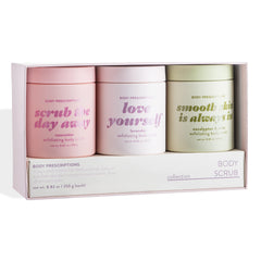 Body Prescriptions Exfoliating Scrub Lavender Jar showcases brightening glow and relaxing lavender scent.