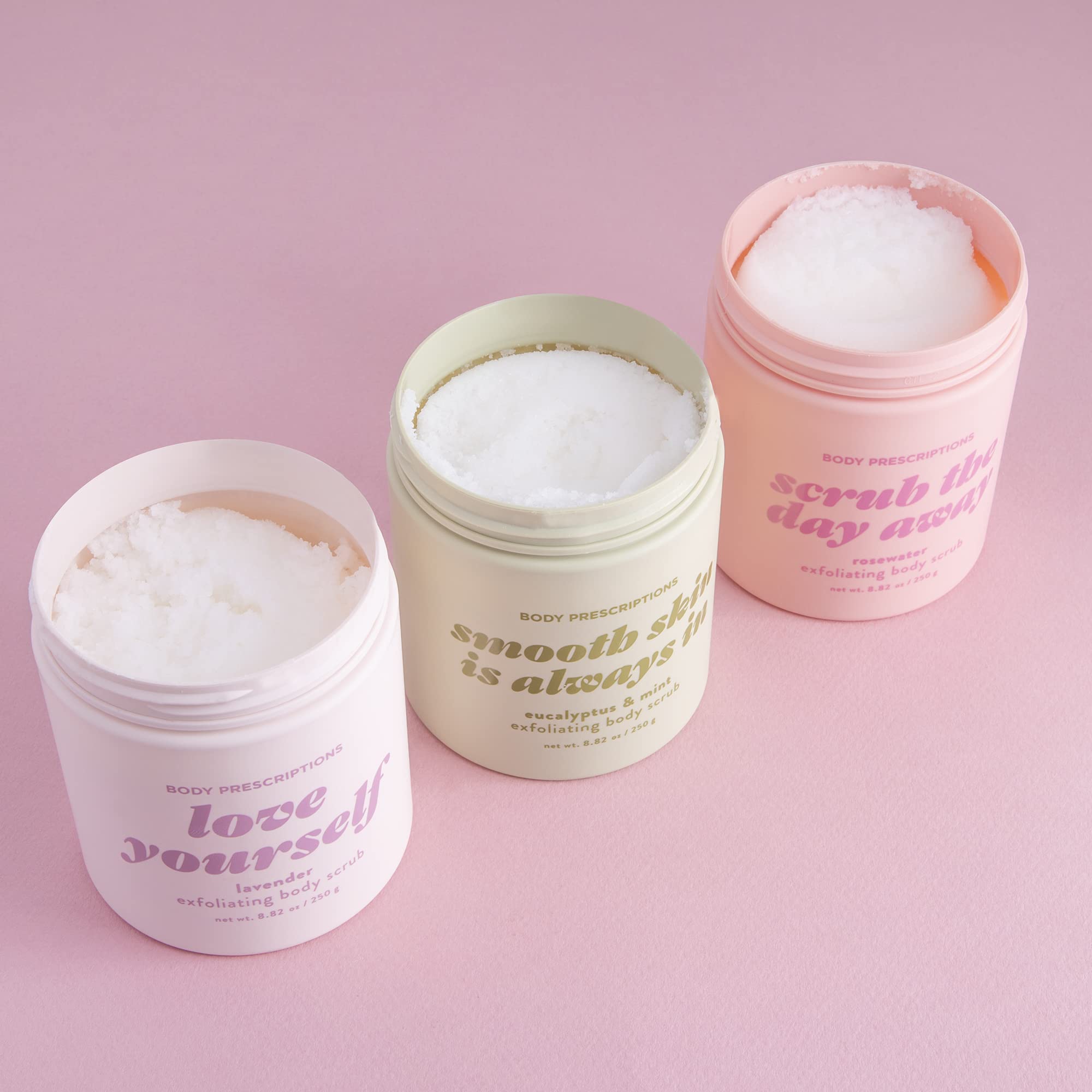 Body Prescriptions Exfoliating Scrub Rosewater Jar delivers gentle hydration with rose aroma.