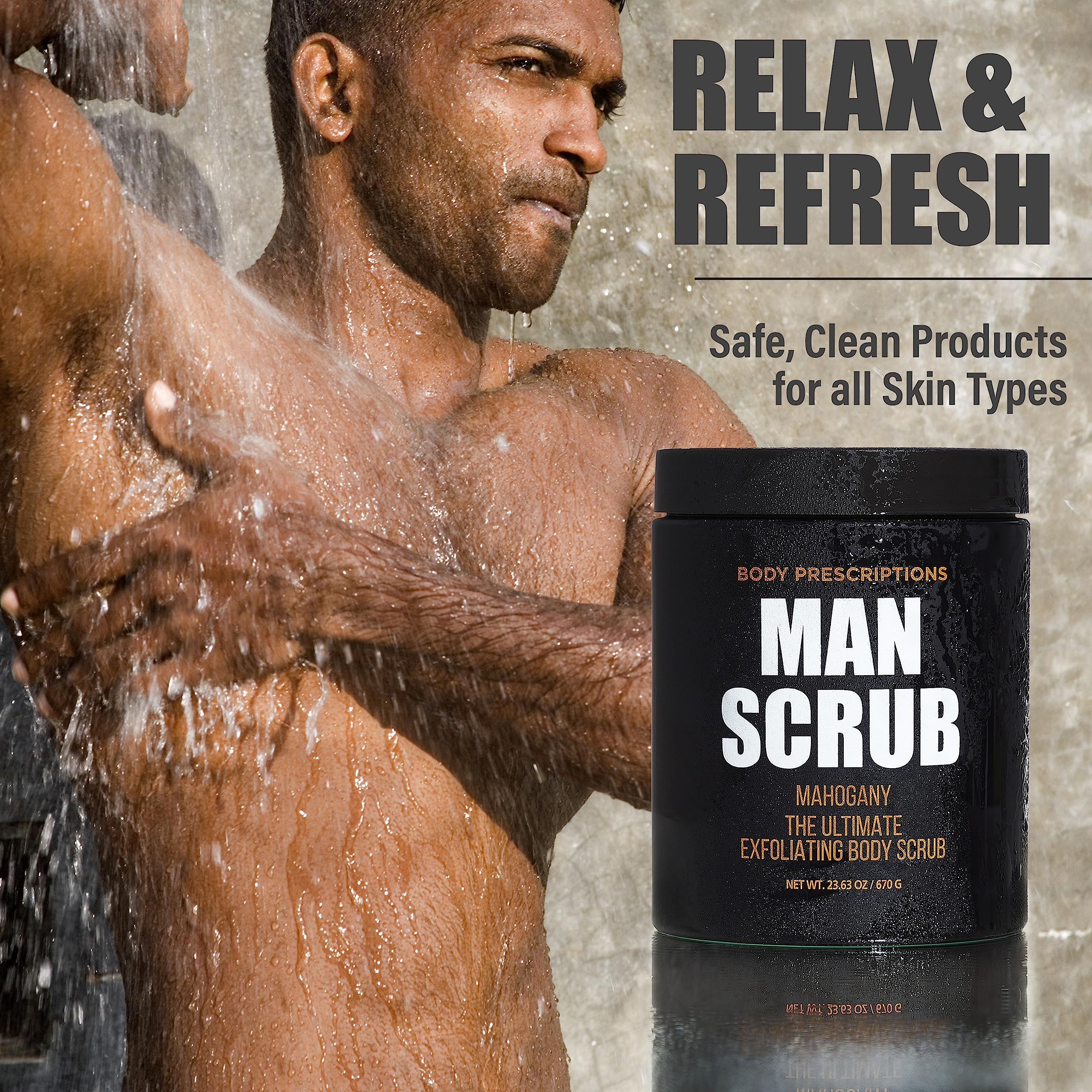 Body Prescriptions Man Scrub in shower promotes daily skin refresh and moisturized feel.
