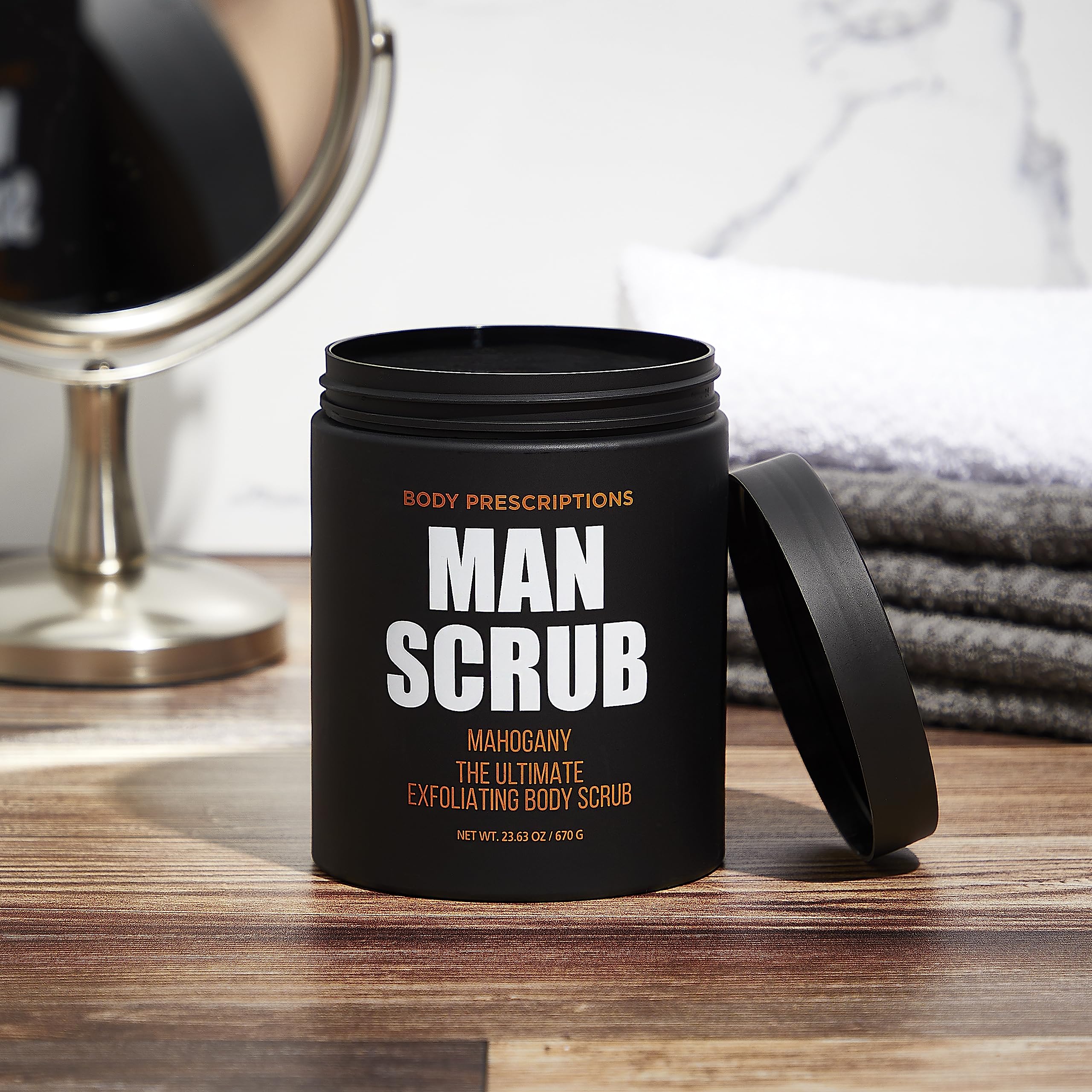 Body Prescriptions Man Scrub jar top view highlighting twist-top lid for easy use.