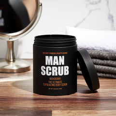 Body Prescriptions Man Scrub jar top view highlighting twist-top lid for easy use.