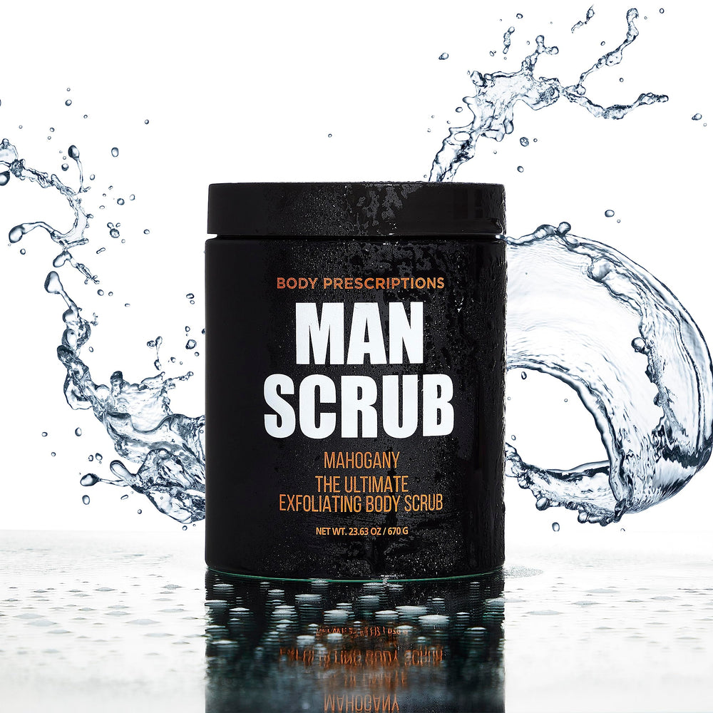 Body Prescriptions Man Scrub texture closeup reveals gritty exfoliation for even cleanses.