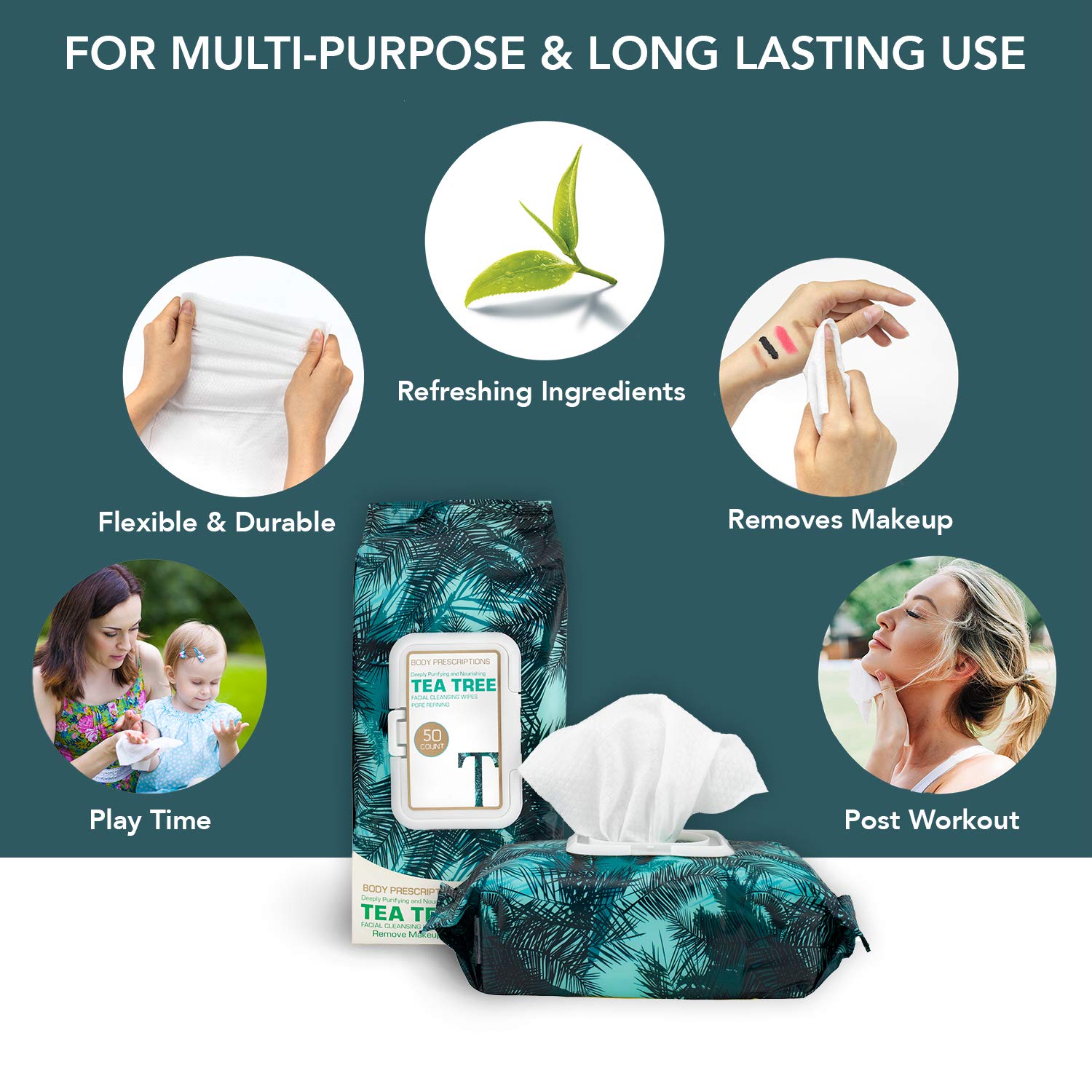 Body Prescriptions Tea Tree Wipes close-up texture shows gentle cleansing