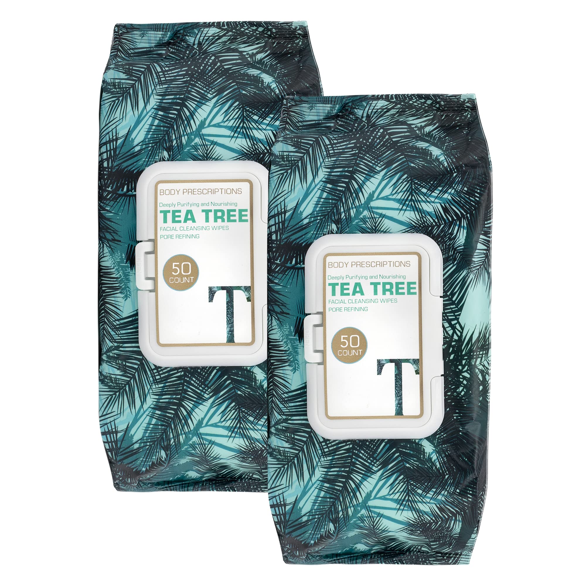 Body Prescriptions Tea Tree Wipes packaging front for on-the-go cleansing