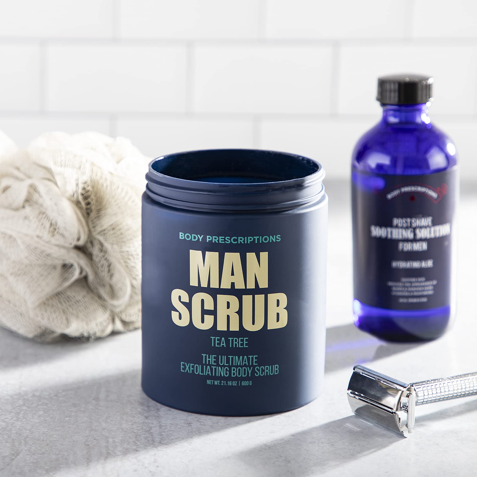 Body Prescriptions twist-top lid shown for easy access during shower routine.