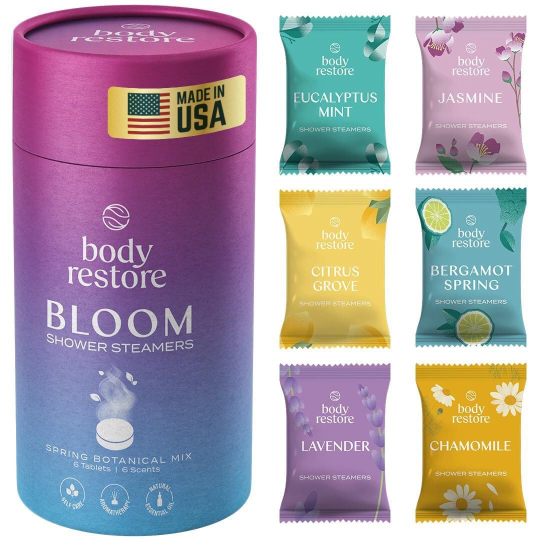 Body Restore Bloom shower steamers pack closeup for daily self care and aromatherapy
