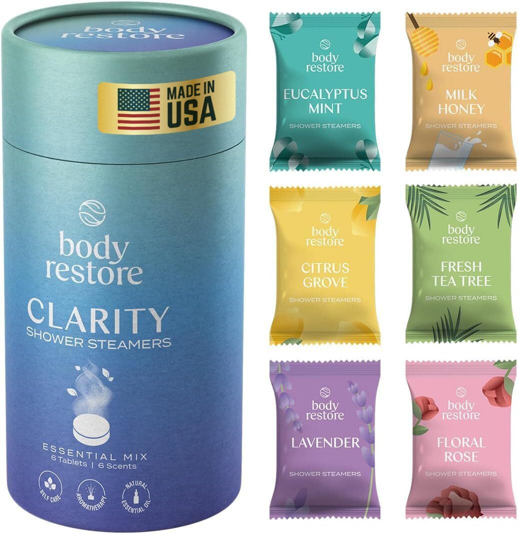 Body Restore Clarity shower steamer 6-pack front for daily relaxation and spa-like ritual.