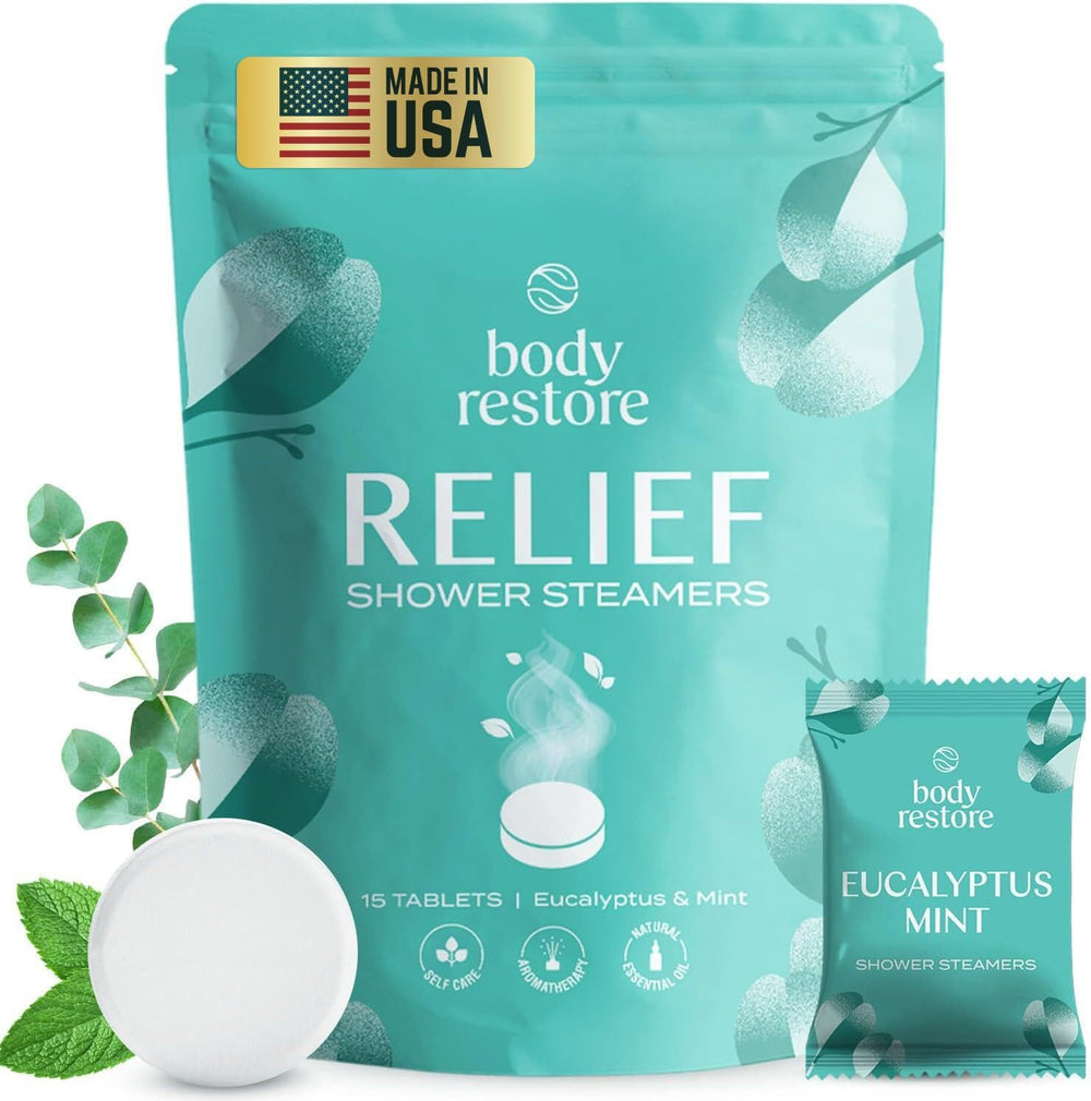 Body Restore eucalyptus shower steamers closeup for spa-like relaxation in the shower.