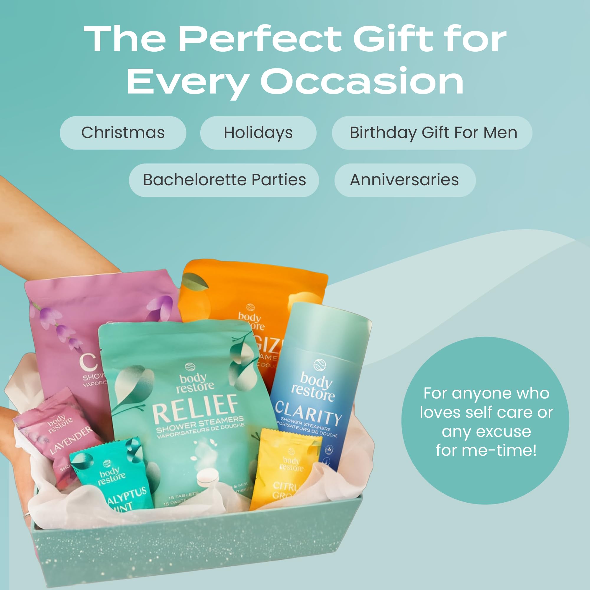 Body Restore gift-packaging shower steamers ideal stocking stuffer.