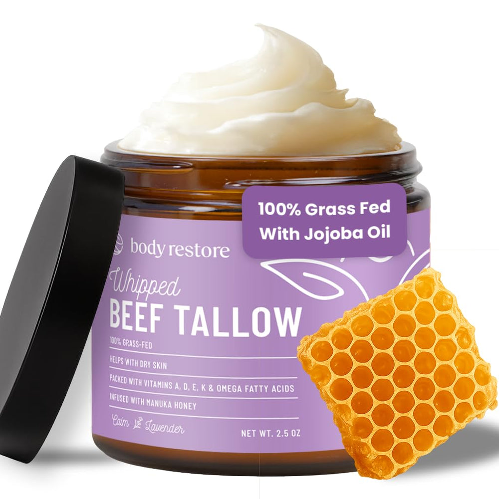 Body Restore lavender beef tallow balm jar demonstrates hydrating, soothing moisture for dry skin