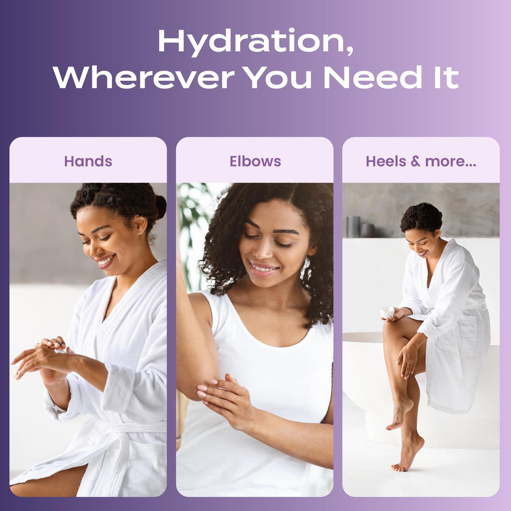 Body Restore hands applying balm on dry skin shows multi-use care