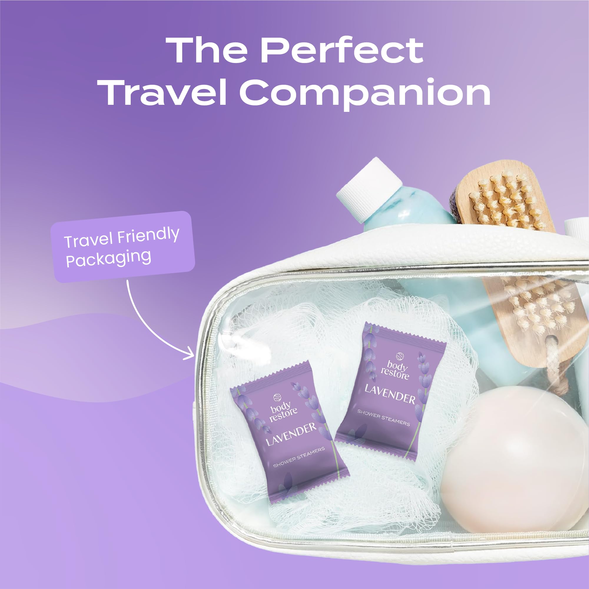 Body Restore lavender shower steamers package display for cozy home spa.