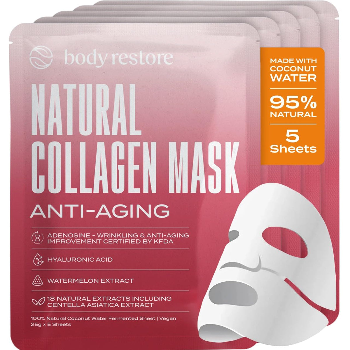 Body Restore natural collagen face mask 5 pack packshot highlighting a giftable, hydrating skincare set