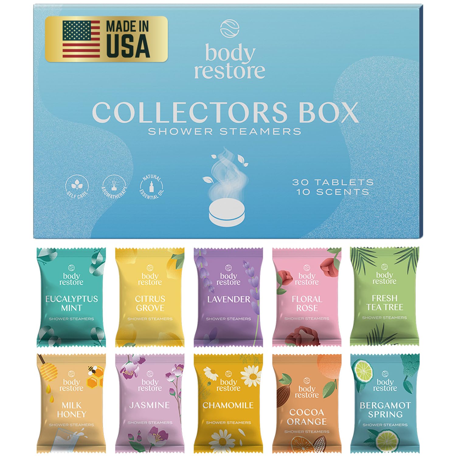 Body Restore shower steamers 30-pack front view, ideal stocking stuffer for stress-relief self-care