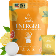 Body Restore shower steamers citrus pack closeup highlights vibrant citrus scent for relaxation