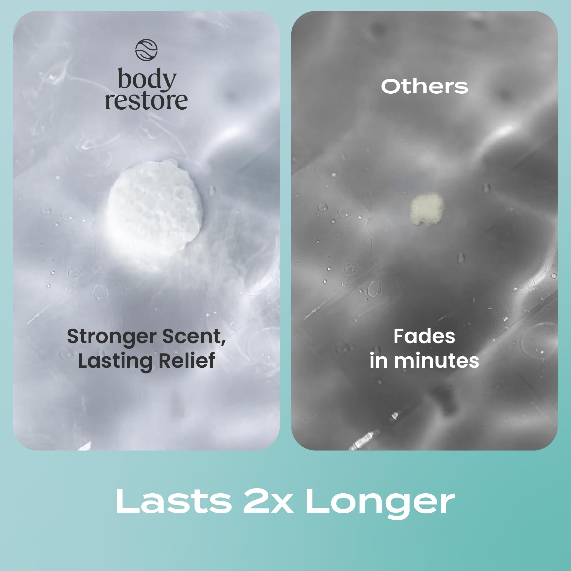 Body Restore stress-relief shower bombs in bathroom offering quick mood lift.